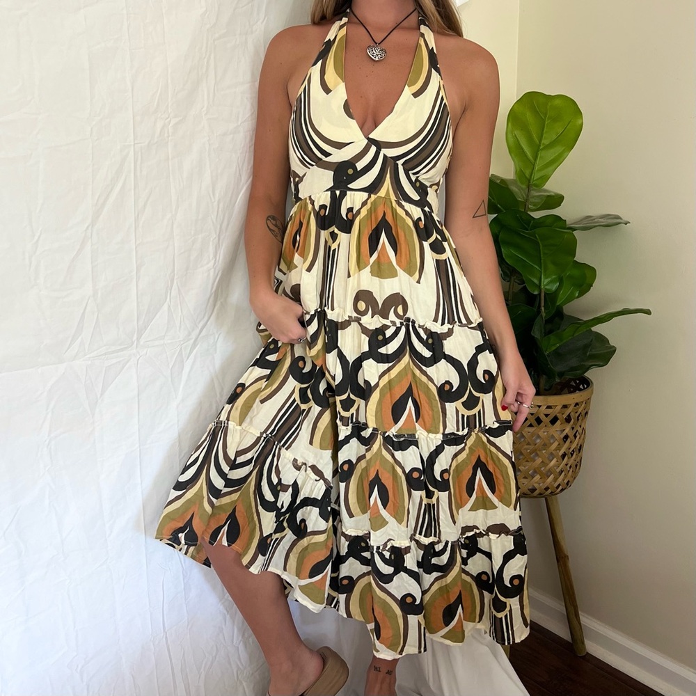 Vintage Y2K Neutral Abstract Tiered Halter Maxi Dress